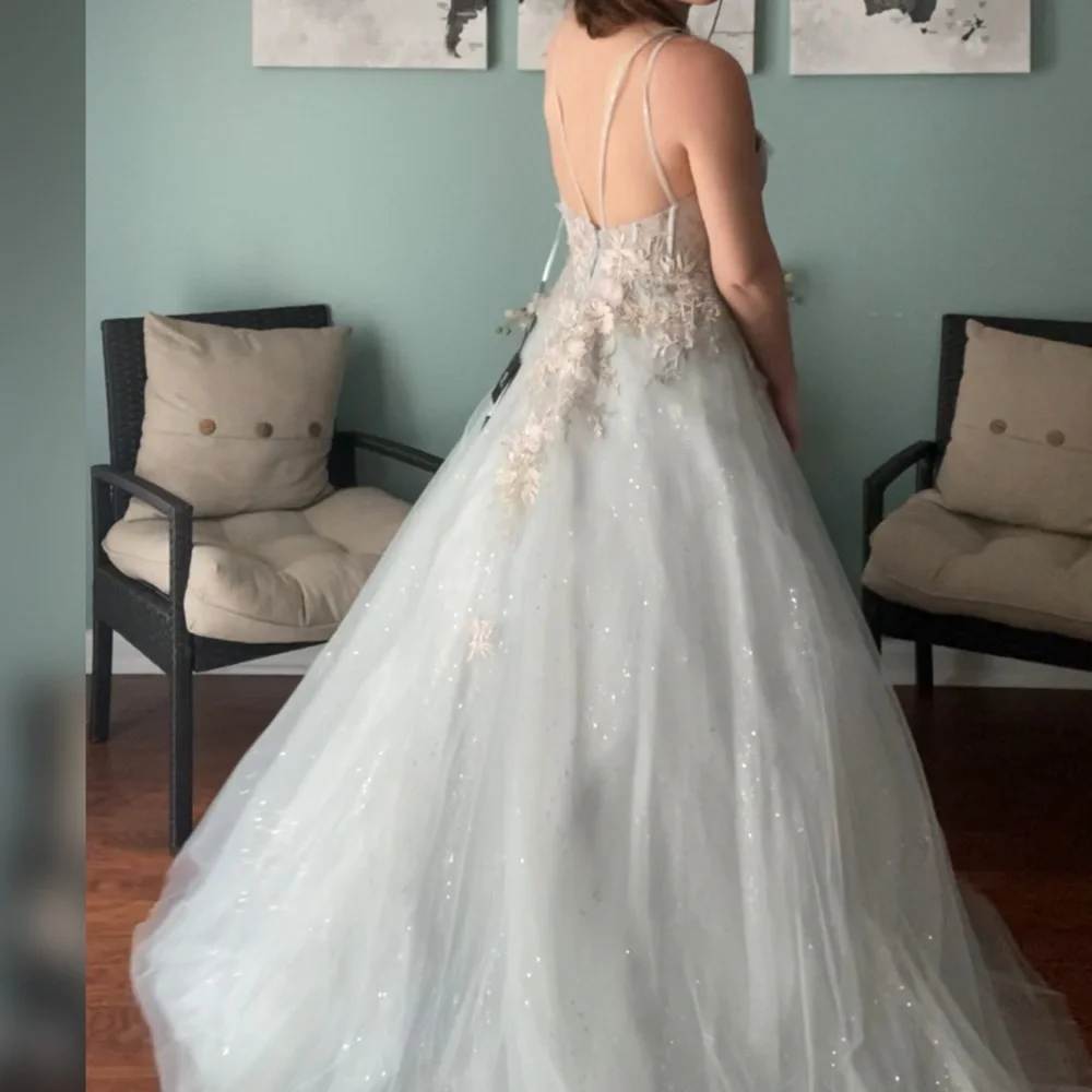 Sage green sparkly a line ball gown or non traditional wedding dress - Picture 4 of 4